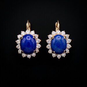 Vintage Lapis Lazuli & Swarovski Crystal Leverback Drop Earrings 18K HGE